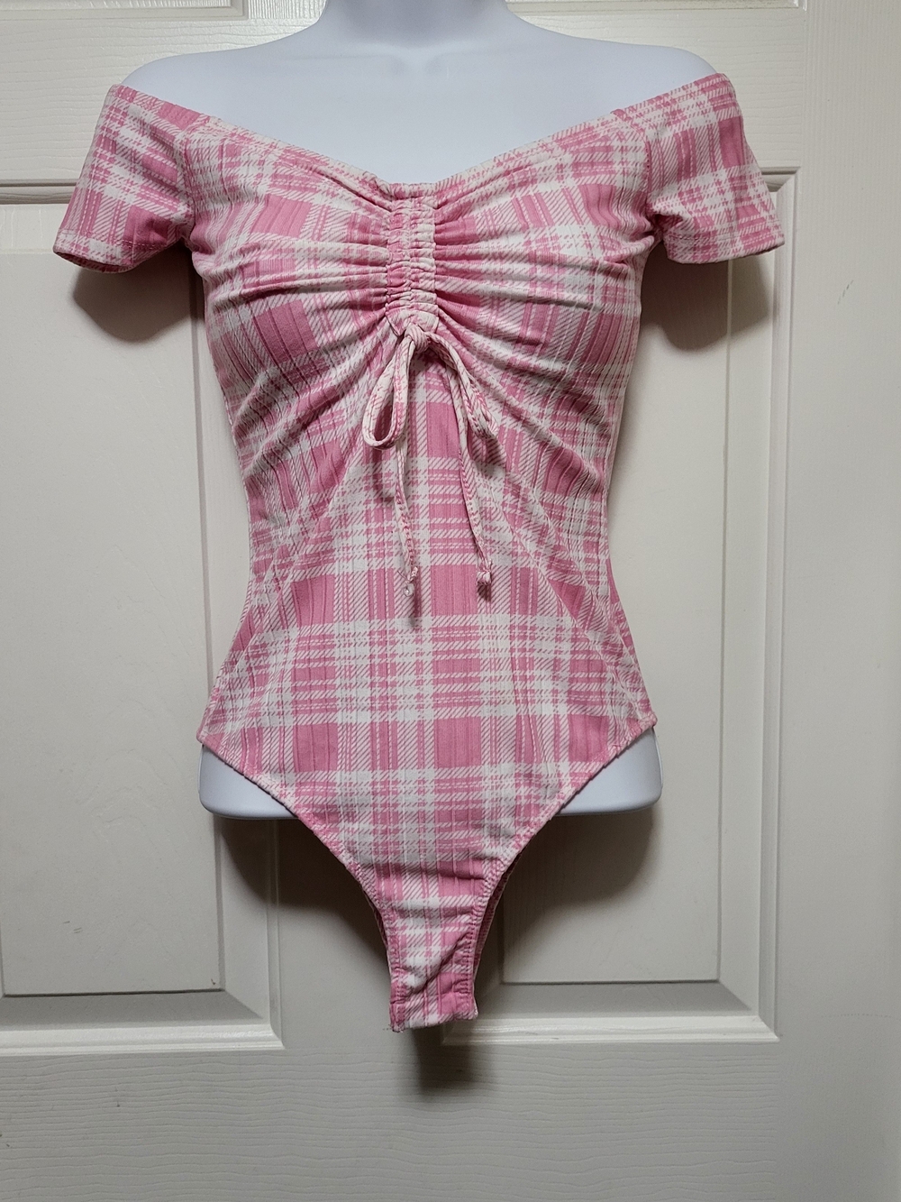 Rue21 Pink Plaid Off-Shoulder Ruched Women's Bodysuit